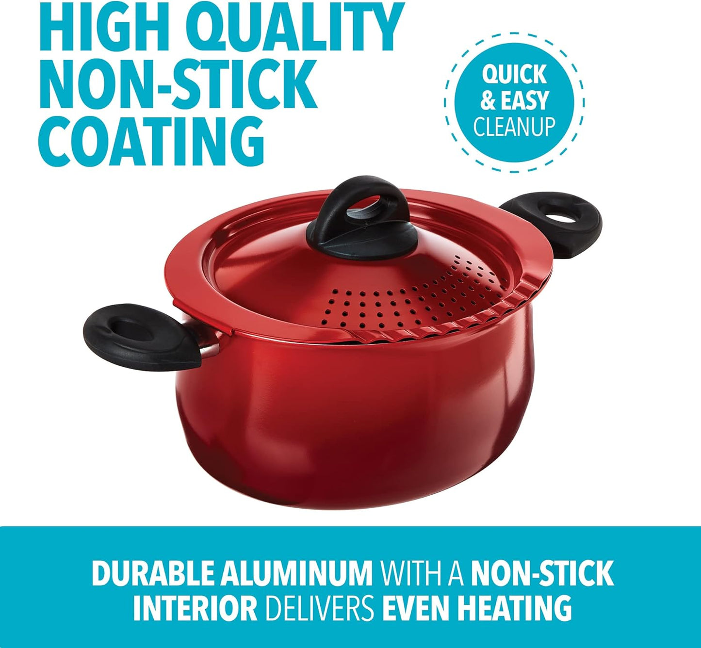 Bialetti 5.5 Quart Pasta Pot with Strainer Lid, Red – Elongated Oval Pot for Longer Spaghetti, Lasagna, Penne & Farfalle Noodles, Heat Resistant Handles & Nonstick Interior, Large Pot for Cooking