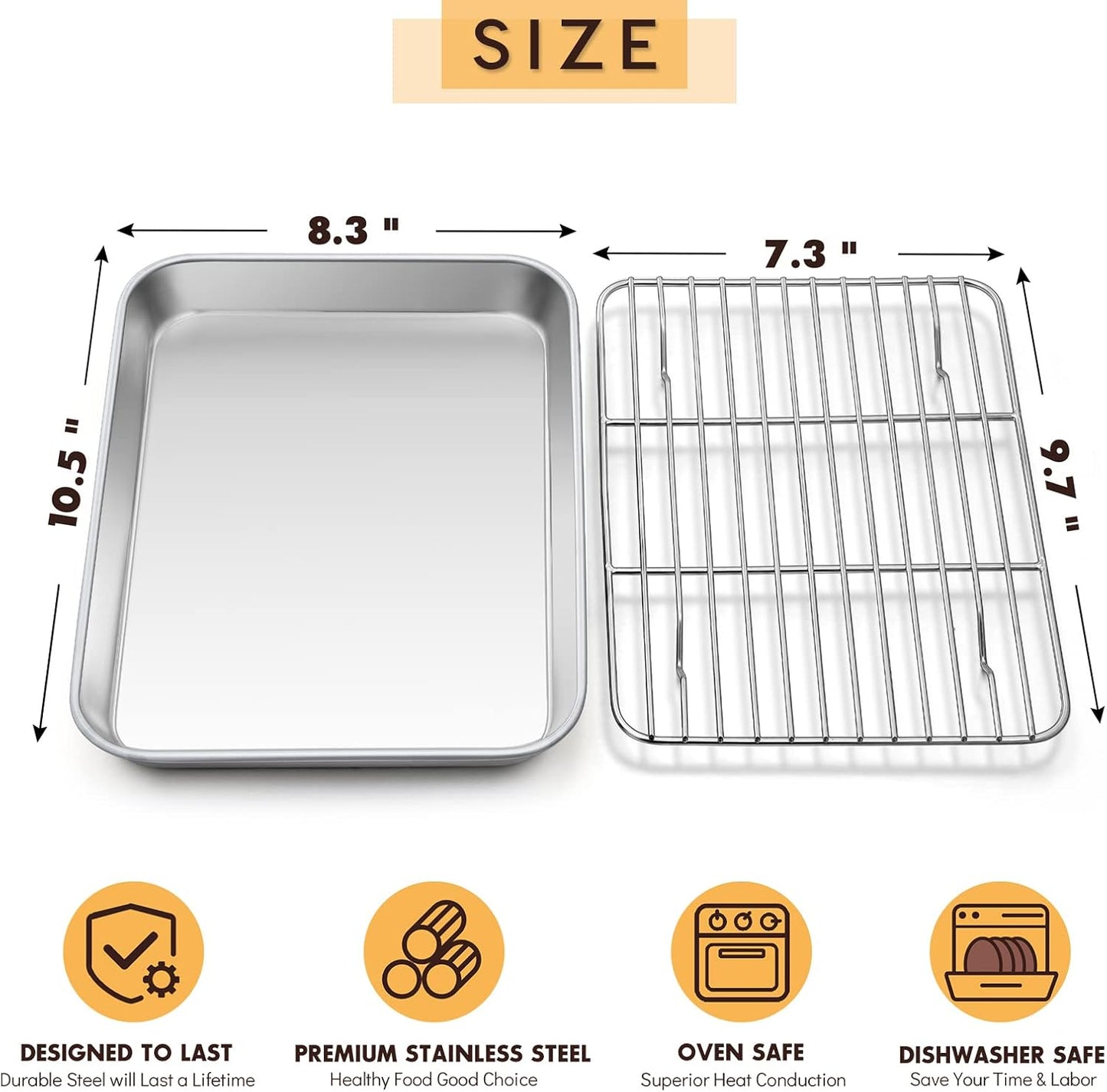 Metal Toaster Oven Tray Set, E-far 10.5”x8.3” Small Stainless Steel Baking Pan with Wire Rack for Cooking Broiling, Rimmed Metal Sheet for Roasting Cooling Cookie Bacon Steak