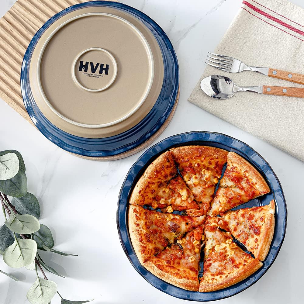 HVH 10 inch Pie Pan for Baking, Ceramic Pie Dish, Deep Dish Pie Plate for Dessert Kitchen, Deep Dish Pie Pan with Fluted Edge, Set of 2, Farmhouse Style (Blue)
