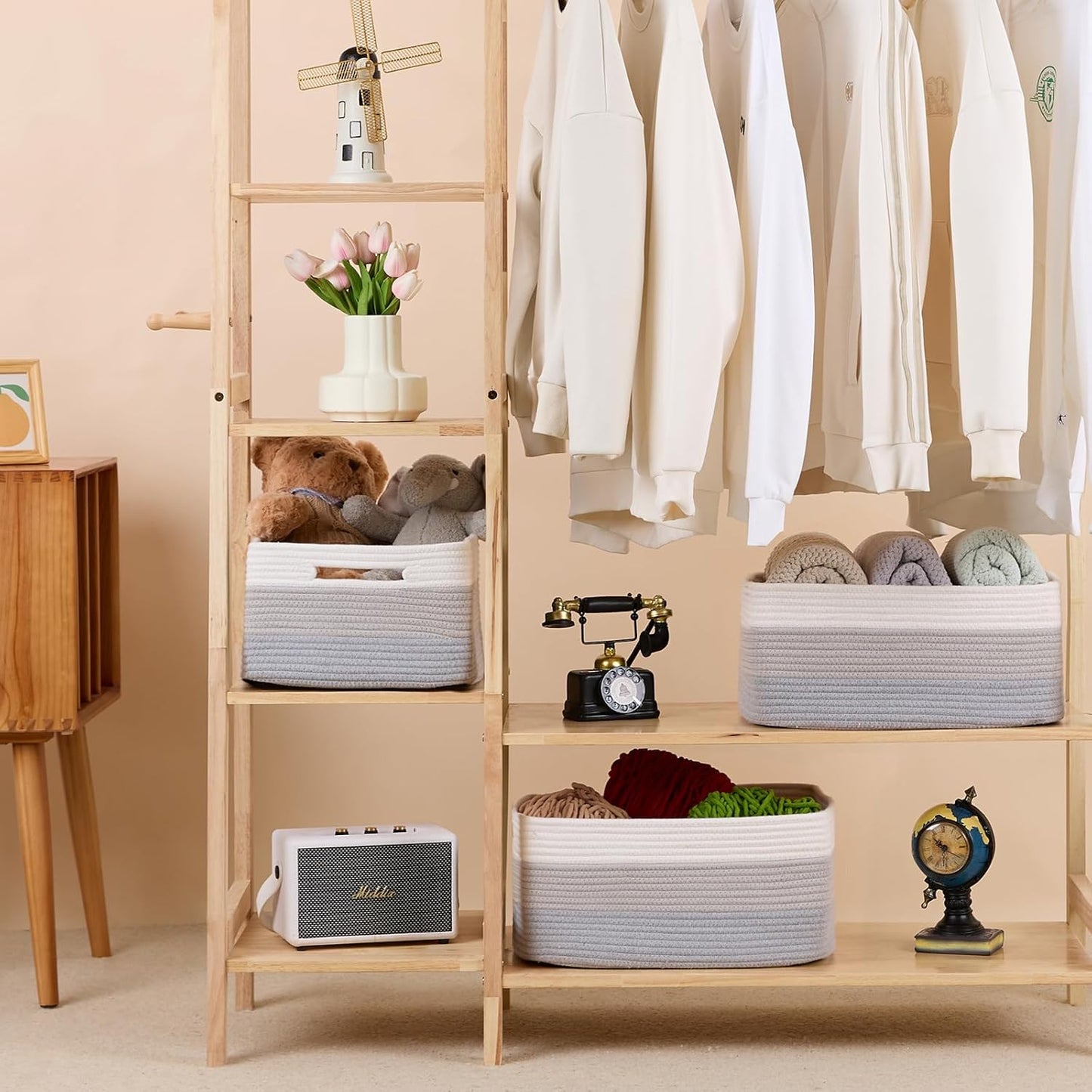 Large Storage Baskets for Shelves, Closet Organizers Bins for Clothes Blanket Towels, Baby Nursery, Toy Baskets Box, Woven Rope Baskets, 17 x 13 x 7.5”, 2 Packs Gradient Grey