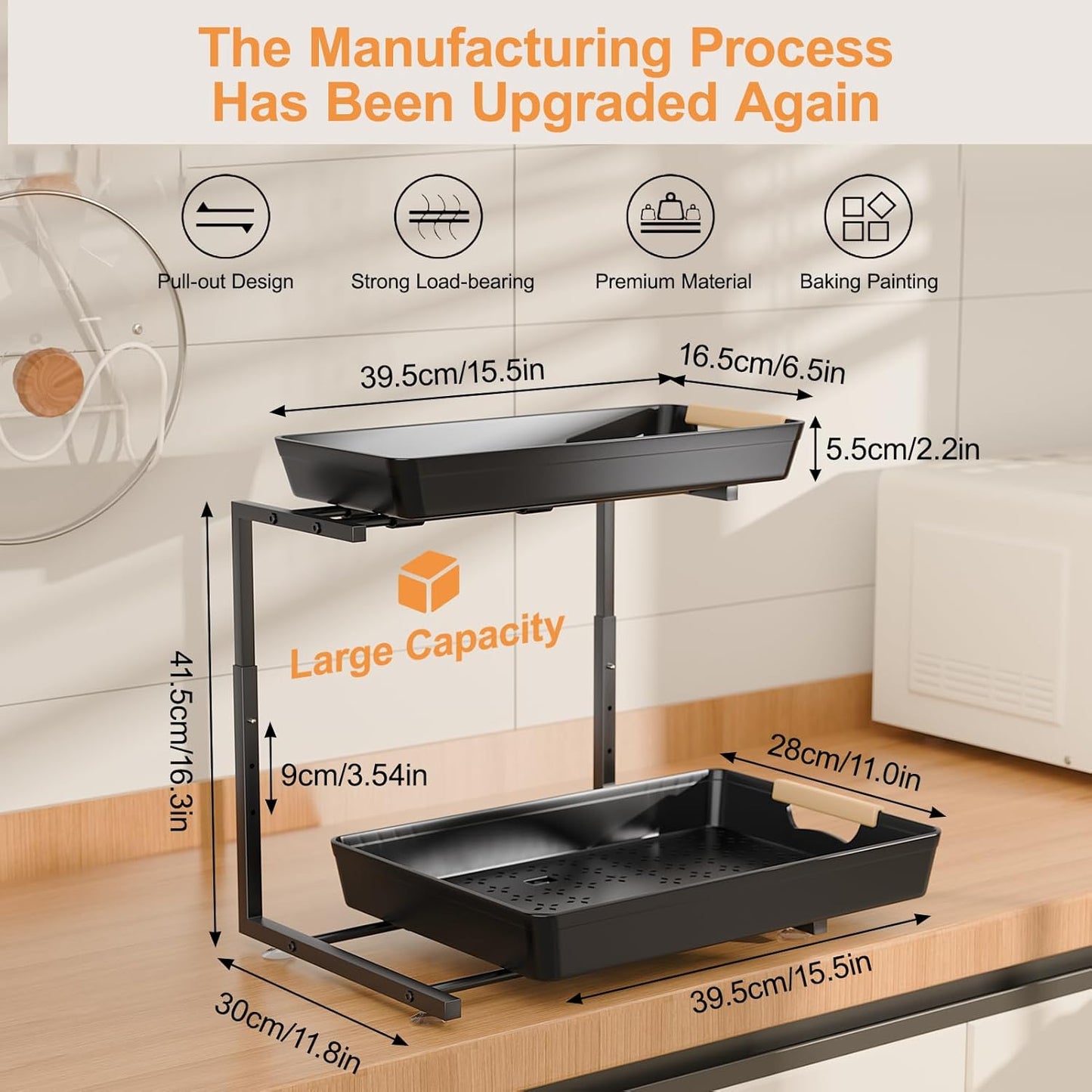 2 Pack Under Sink Organizer Pull 0ut, 3 Height Adjustable Under Kitchen Sink 0rganizer and Storage Black, 2 Tier Double Sliding Drawer Cabinet Organizer for Kitchen Bathroom Pantry