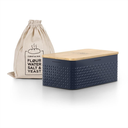 LARS NYSØM Bread Box I Metal Box with linen bag for long lasting freshness I Bread Bin with bamboo lid usable as cutting board I 13.4x7.3x5.3In (Midnight Blue)