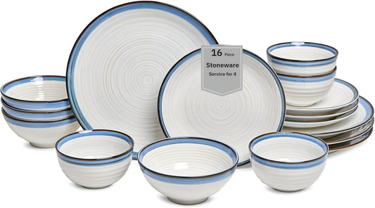 Sango Siterra Santorini 16-Piece White Stoneware Dinnerware Set – Service for 4, Plate & Bowl Set, Rustic White with Reactive Blue Glaze, for Daily Dining & Entertainment, Microwave & Dishwasher Safe