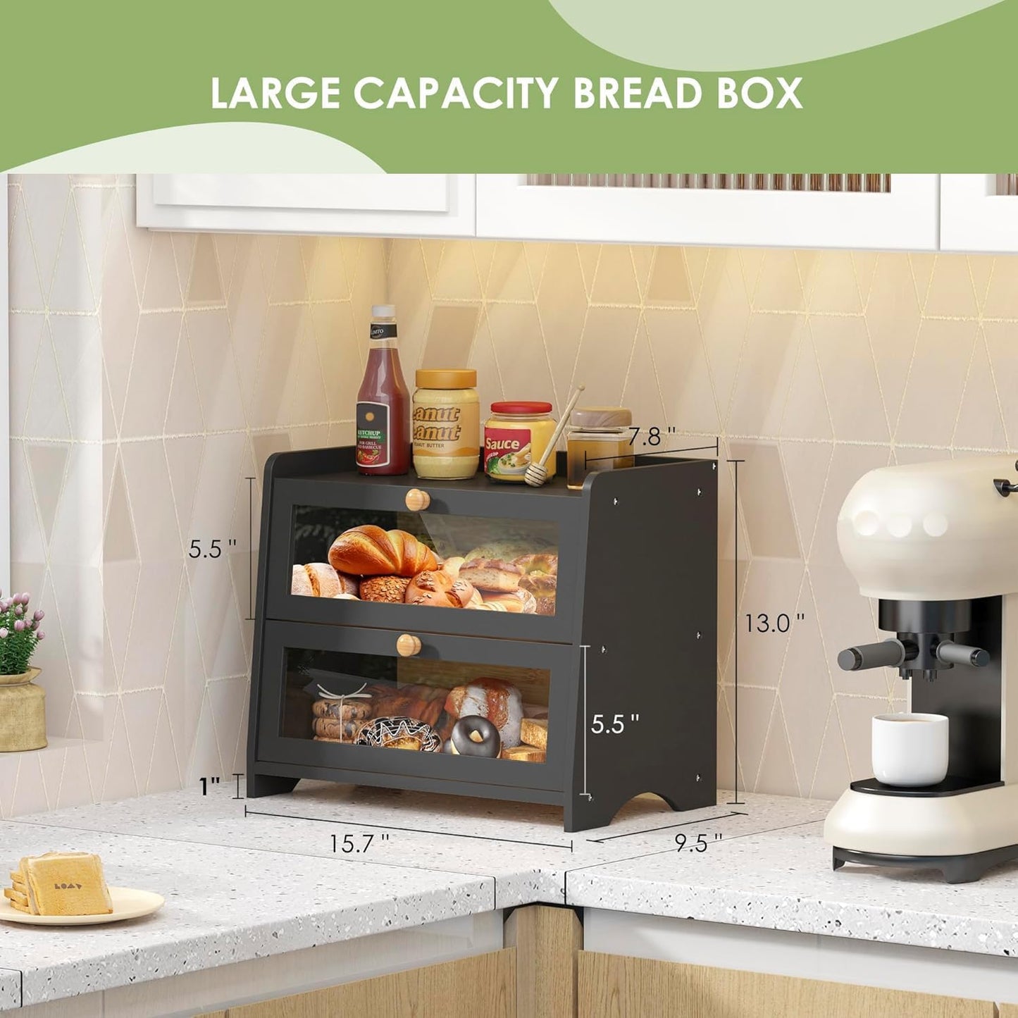 Double Layer Bread Box for Kitchen Countertop, Large Breadbox Bread with Windows, Wooden Farmhouse Bread Holder (Black)