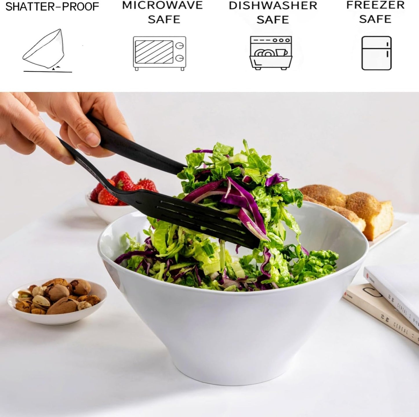 Qxbekmor 10" Salad Bowls, 114 oz. Unbreakable Plastic Serving Bowls for Salads, Fruits, Entertaining, Dinner Parties, Microwave & Dishwasher Safe, BPA-free, Set of 2