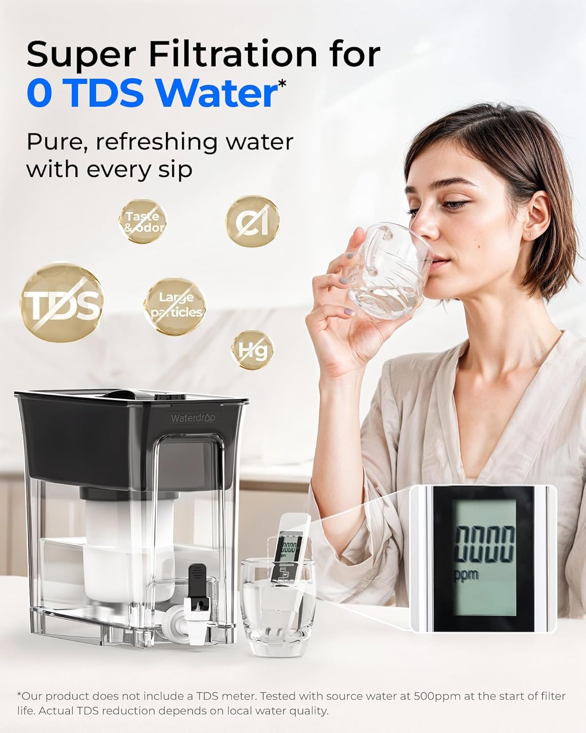 Waterdrop 35-Cup 0 TDS Slim Water Filter Dispenser, Large Capacity, Reduces TDS, Chlorine, PFOA/PFOS and More, BPA Free, Black (with 1 Filter)