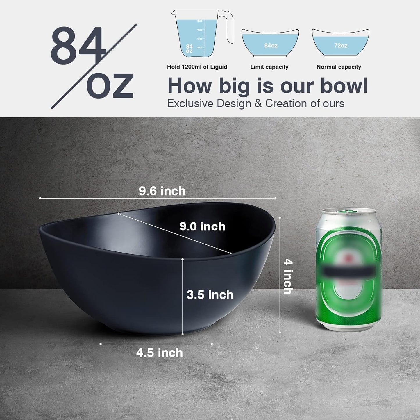 9.6'' Serving Bowls, 84oz Bamboo Fiber Salad Set of 4, Large for Kitchen, Deep Oval for Salad, Vegetable, Fruit, Pasta, Ramen, Lightweight & Easy to Clean (Matte Black)