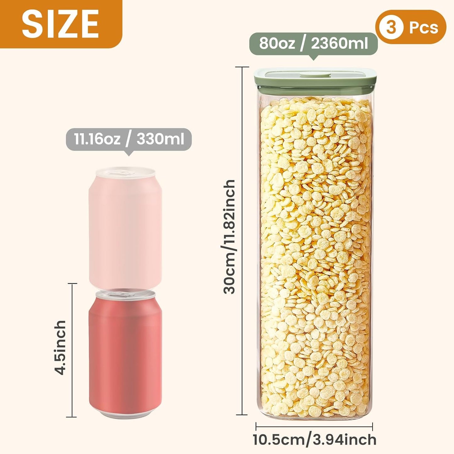 Square Glass Food Storage Jars with Lids[Set of 3], Perfect for Pasta, Cookies, Nuts, Coffee, Cereal, Flour, Organize Your Kitchen with these BPA-Free Glass Jars with Silicone Lids