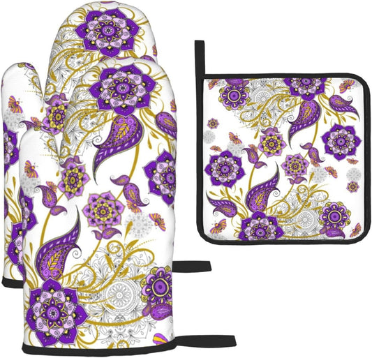 Purple Flower Oven Mitts and Pot Holders Sets of 3 Kitchen Decor Heat Resistant Hot Pads Boho Floral Oven Gloves for Cooking Grilling Baking