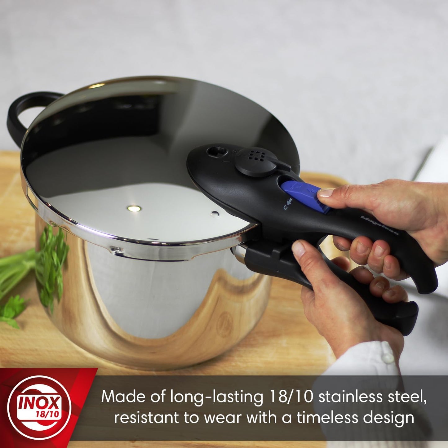 MAGEFESA Favorit 6.3 Qt Pressure Cooker – Easy-to-Use Fast Cooking Pot, 18/10 Stainless Steel, Induction Compatible, Even Heat Distribution, Works on All Stovetops