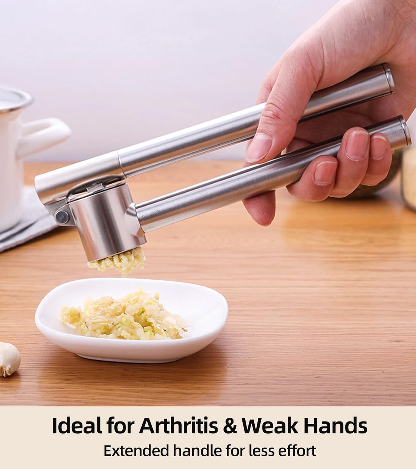 Heavy Duty Garlic Press Stainless Steel 3-Piece Set - Metal Garlic Smasher Press w/Peeler Tool & Clean Brush, Effortless Mincer for Ginger/Garlic (Extended Handle)