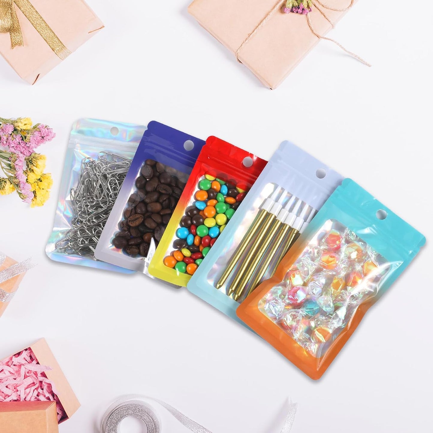 200 Pack Resealable Mylar Holographic Bags Food Storage Smell Proof Bags with Front Window Foil Packaging Pouch for Candy Sample Jewelry Small Business 2.95×4.72 Inch, Gold