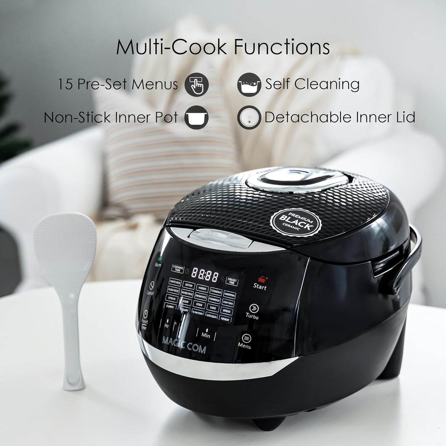 MAGiC COM Rice Cooker, 10 Cup(Uncooked) 20 Cup(Cooked) One Touch Healthy Cooking with 15 Menu Modes, Nonstick Inner Pot, Steamer Basket, Auto Clean, 24 Hour Delay Timer and Auto Keep Warm (Black)