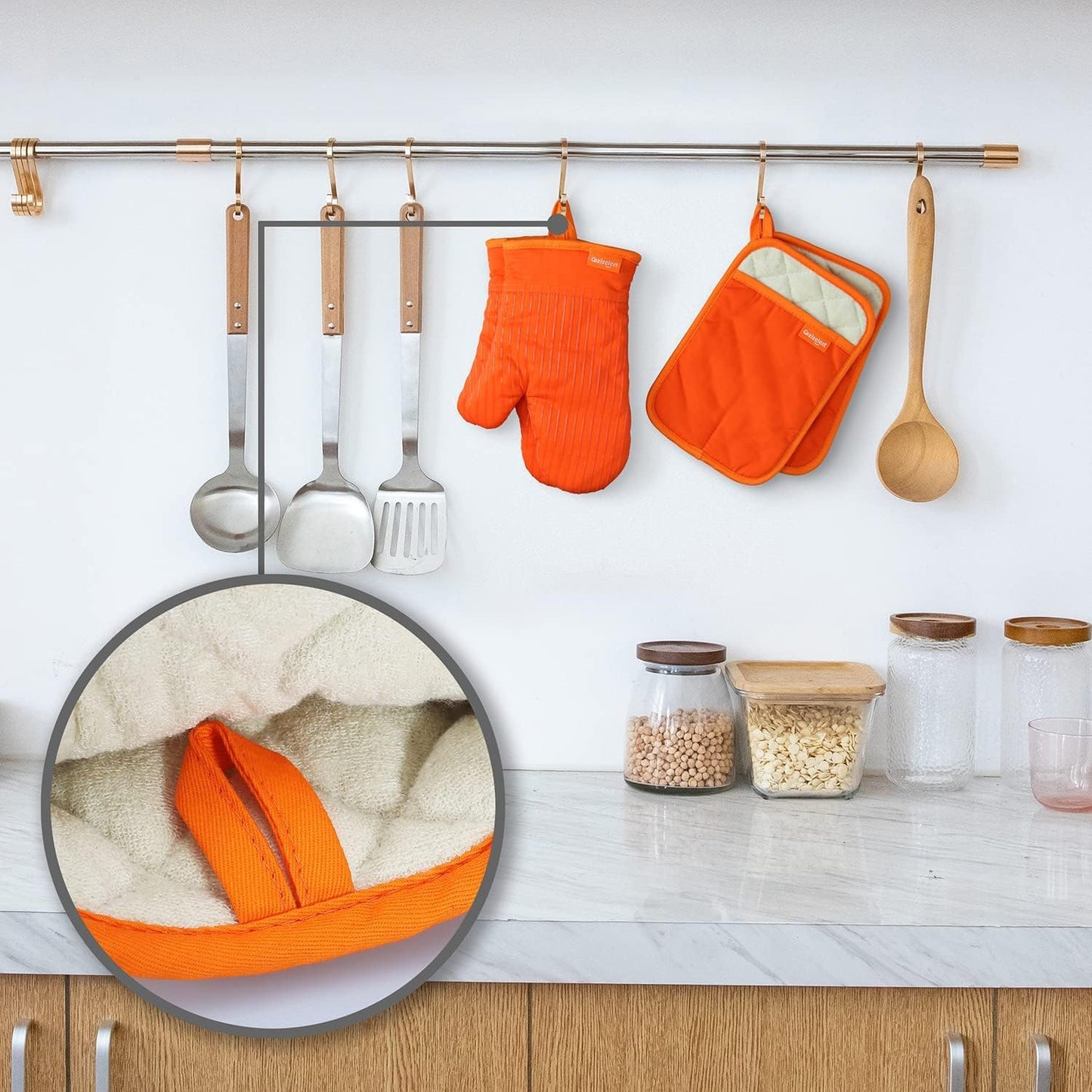 Oven Mitts Orange, Orange Oven Mitts and Pot Holders Set, Heat Resistant Oven Mit Gloves Hot Pads for Kitchen Cooking Grill, 4 Piece Set