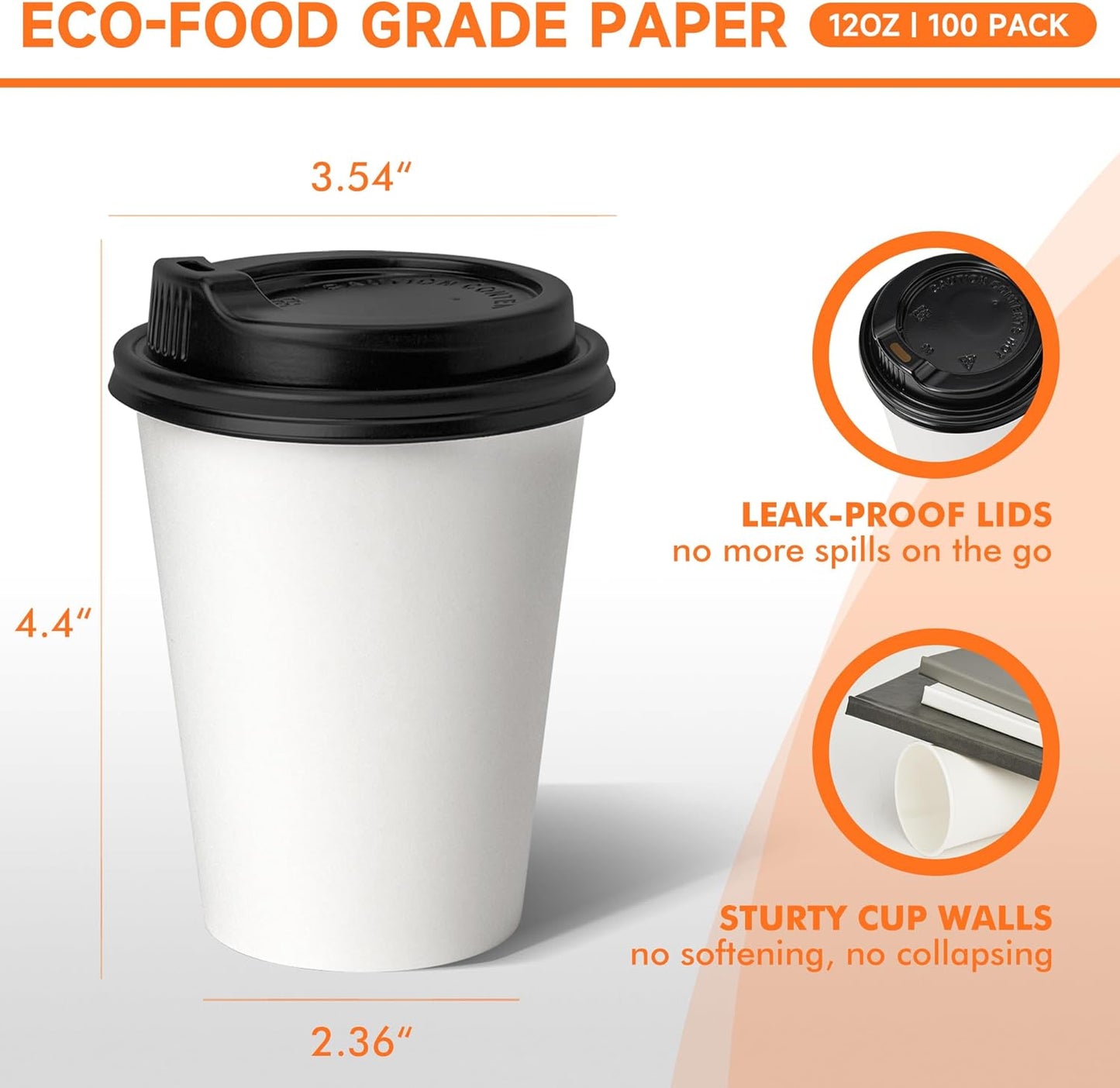 100 Pack 12 oz Disposable Coffee Cups with Lids, Paper Coffee Cups for Hot/Cold Drinks, Leak-Proof To Go Cups for Home, Cafes, Events and Office
