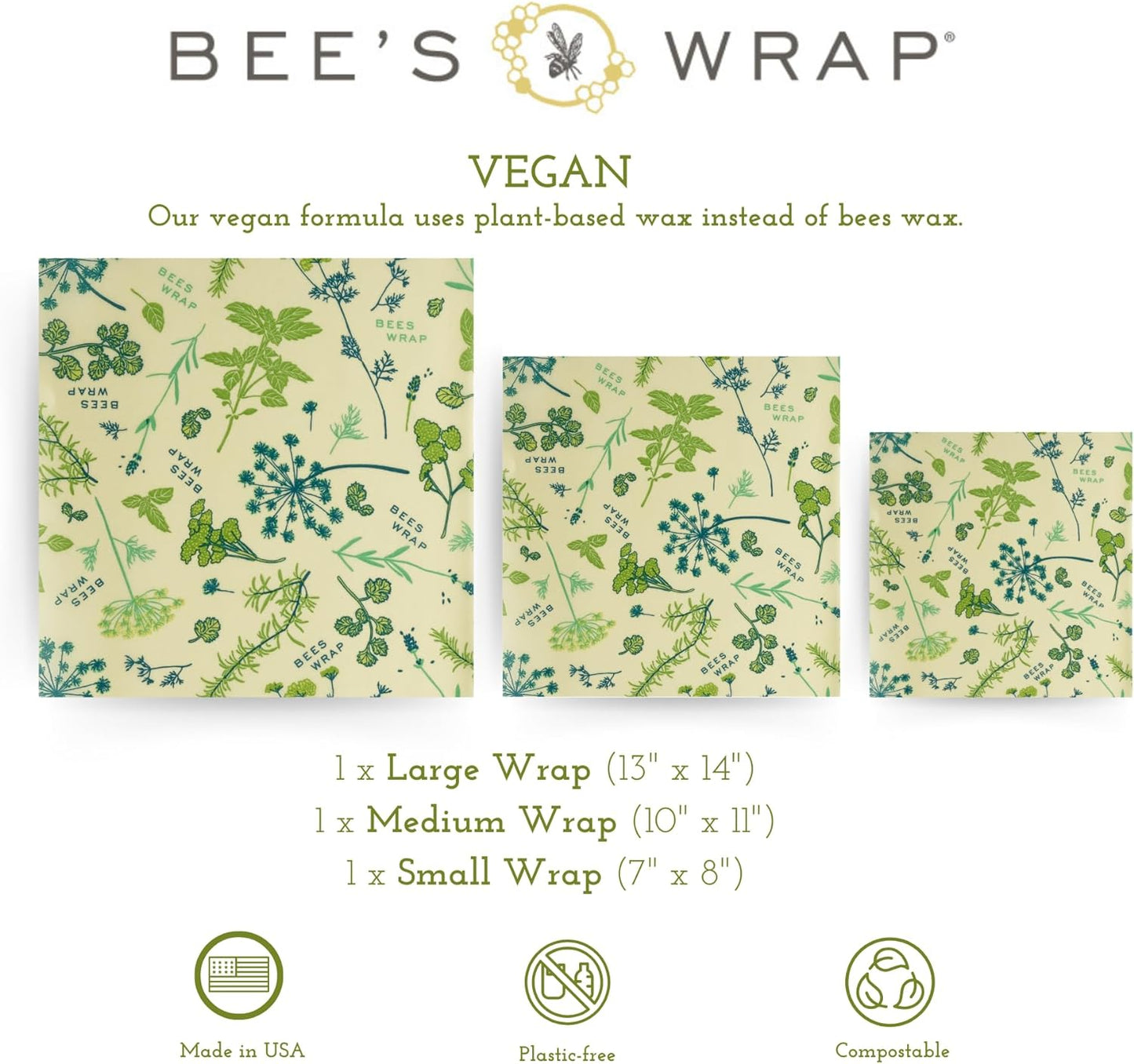 Bee's Wrap Vegan Beeswax Wraps for Food - Vegan Herb Garden 3 Pack (S, M, L) Made in USA Reusable & Organic Food Wraps, Sandwich Wrap & Bowl Covers - Eco Alternative to Aluminum Foil & Plastic Wrap