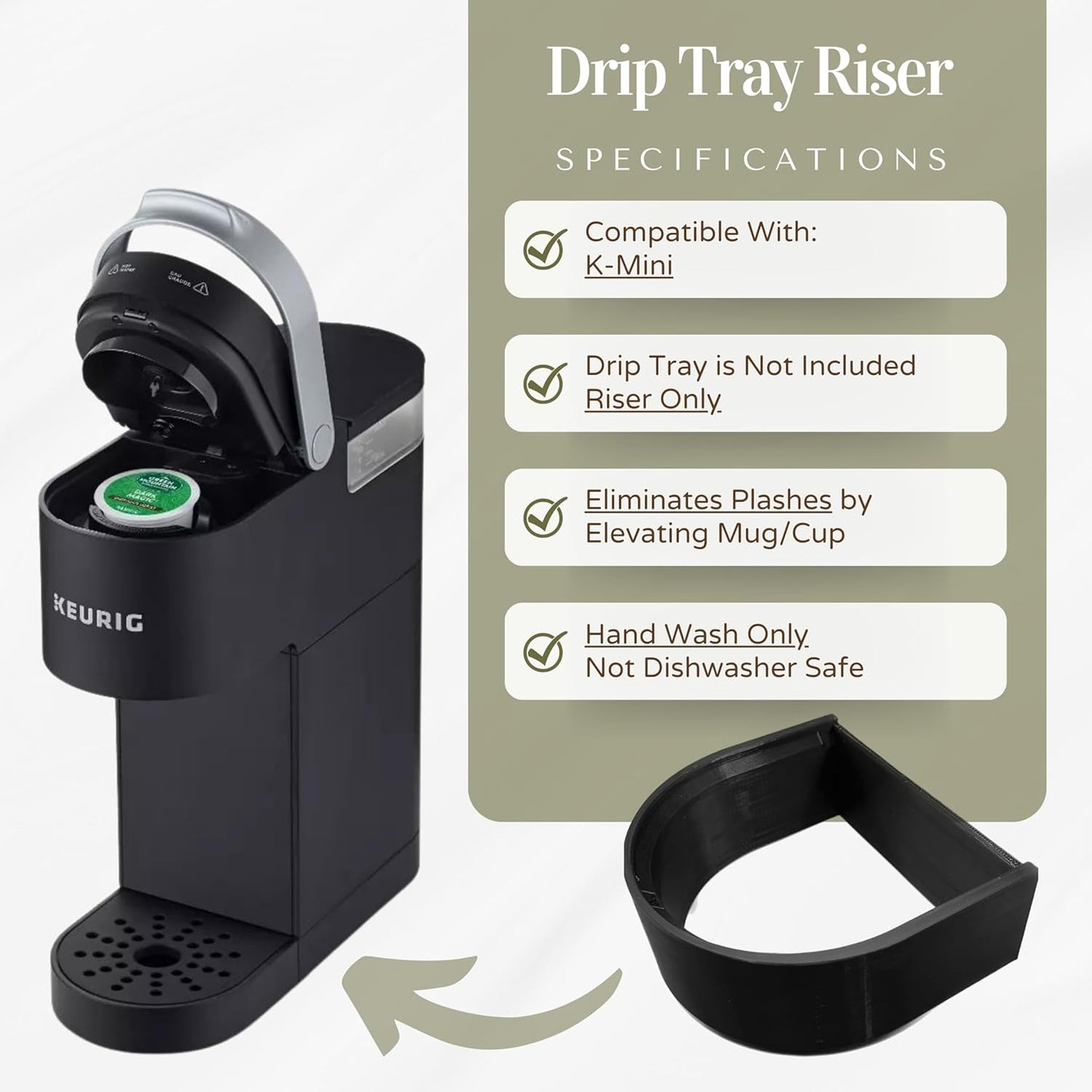 Drip Tray Mug/Cup Riser Made for the Keurig to Reduce Splashes - Riser Only (Black, K-Mini 1.25 inches Tall)