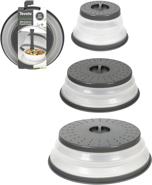 Tovolo Microwave Splatter Cover for Food, 3-Pack (Charcoal) - Collapsible & Vented Silicone Splatter Guard Lid - Microwave Plate & Dish Cover with Handle - BPA-Free Kitchen Gadget for Meal Prep