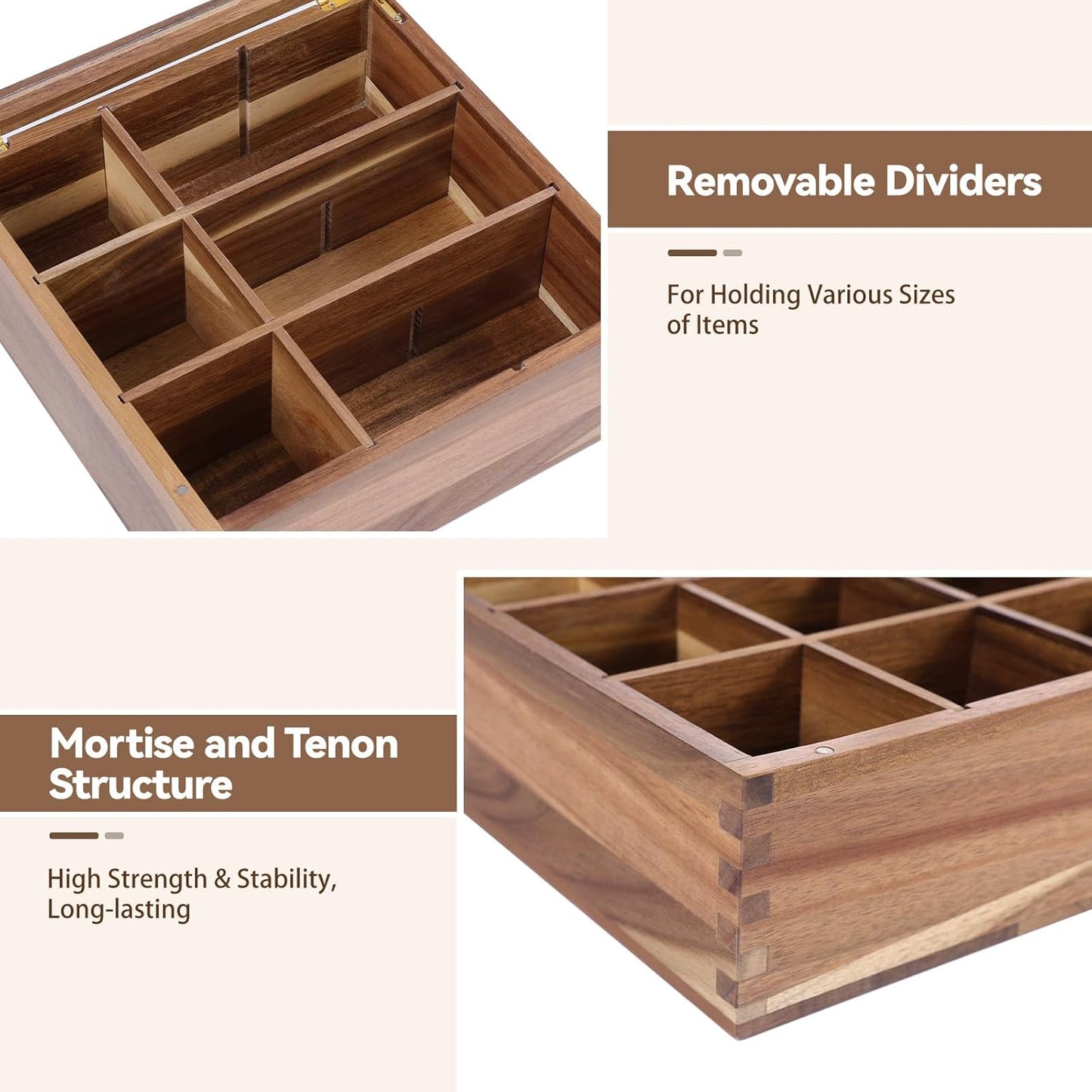 ANMINY Acacia Wood Tea Bag Organizer with Acrylic Clear Top, 10MM Thick Wooden Tea Storage Box with 9 Compartments, Teabag Holder Tea Caddy Chest for Countertop Kitchen Home Office