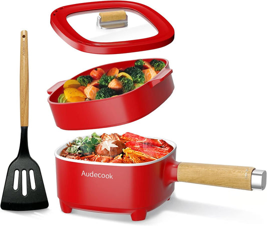 Audecook Hot Pot Electric 2L, Cermic Glaze Non-Stick Frying Pan 8 Inch, Portable Travel Cooker for Ramen/Steak/Fried Rice/Oatmeal/Soup, with Dual Power Control (Silicone Spatula Included)