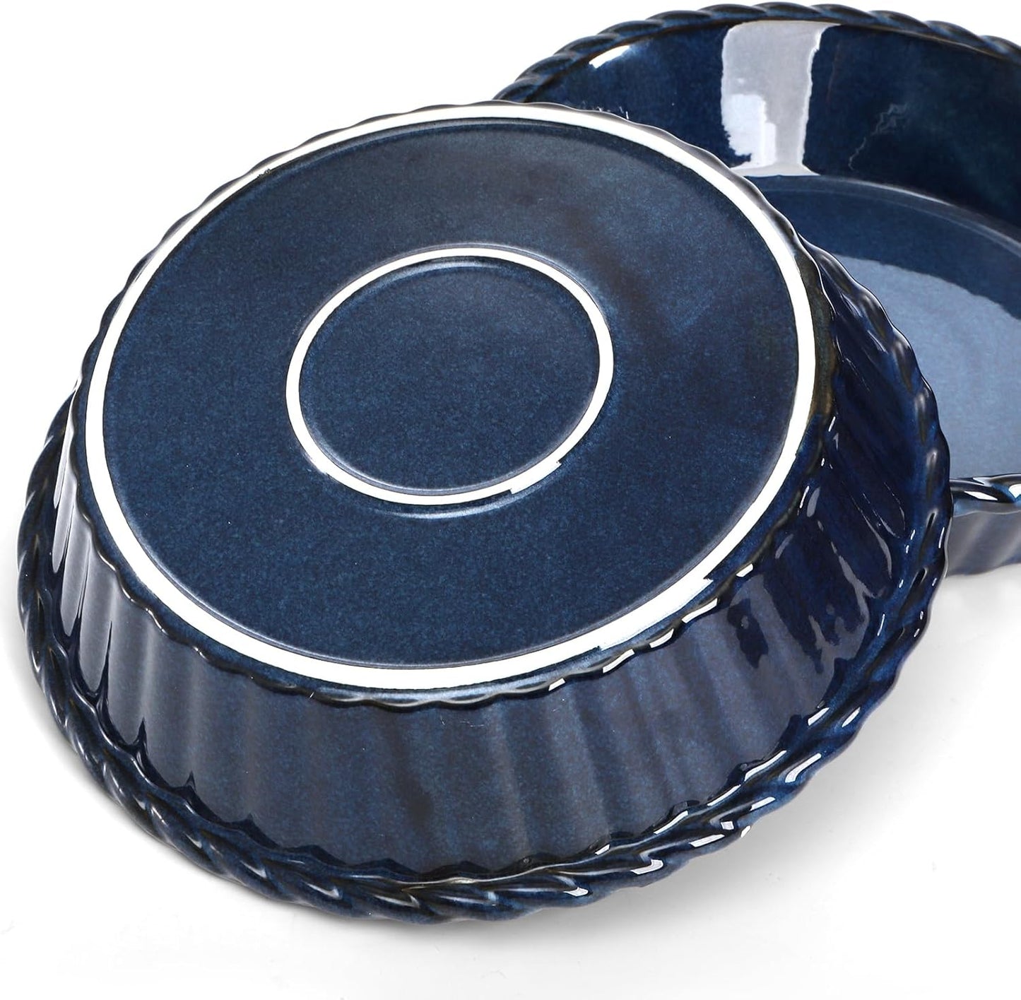 Peohud 2 Pack Ceramic Pie Pans, 10 Inch Deep Fluted Pie Plate, 54 Ounce Round Baking Dish for Quiche, Apple Pecan Pie, Pot Pie, Blue