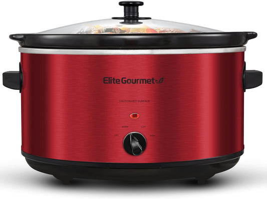 Elite Gourmet MST-900RXT# Electric Ceramic XL Jumbo Slow Cooker, Adjustable Temp, Entrees, Sauces, Stews & Dips, Dishwasher Safe Glass Lid & Crock, 8.5Qt, MetallicRed