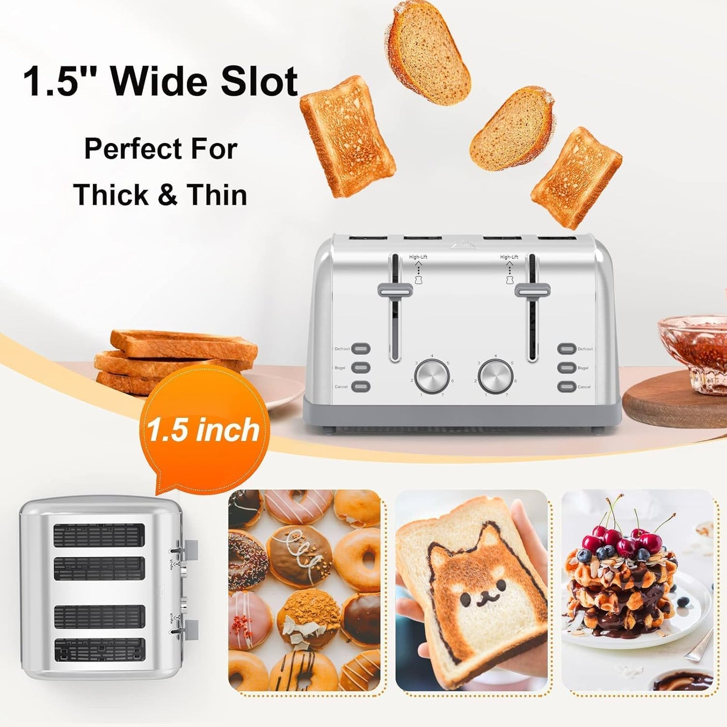Toaster 4 Slice Retro Stainless Steel,Best Prime 4 Slice Toaster Wide Solt with 7 Shade Settings, Perfect for Waffles, Bagels and More Lainsten T-527