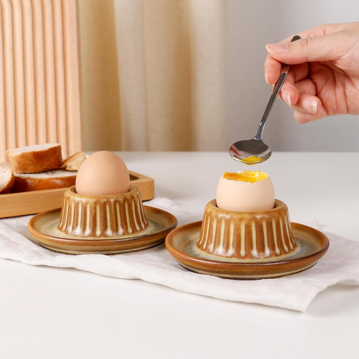 INGOFIN 2 Pcs Ceramic Egg Cups, Soft Boiled Egg Holders Set, Classic Porcelain Stackable, Easy to Clean Tray, Decorative Serving Dish for Breakfast, Easter or Kitchen, Brown