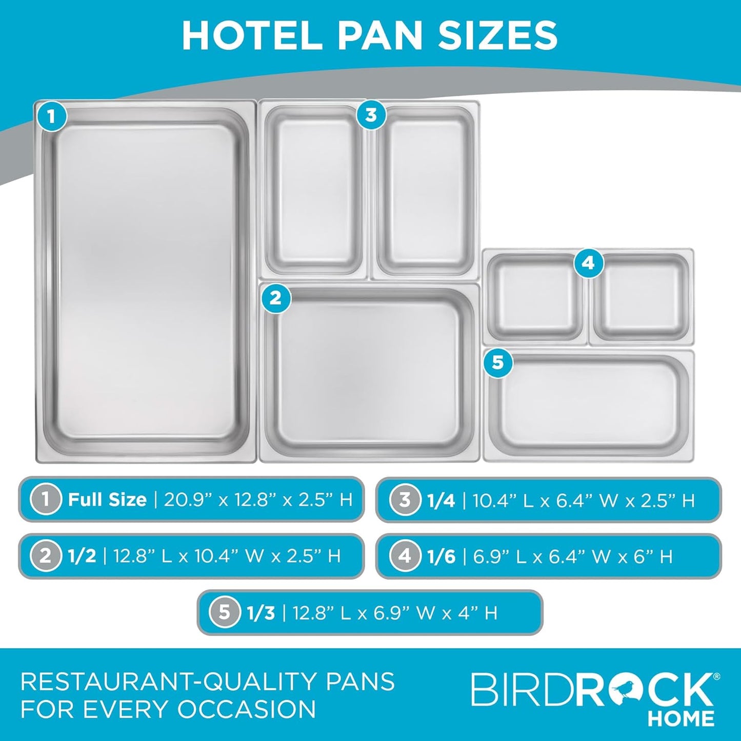 BIRDROCK HOME Stainless Steel Steam Table Pan Lids - Restaurant and Catering Supplies - 24 Gauge Steel - Perfect for Meal Prep, Cooking, and Food Storage Container - 6 Pack, Fits Full-Size Hotel Pans