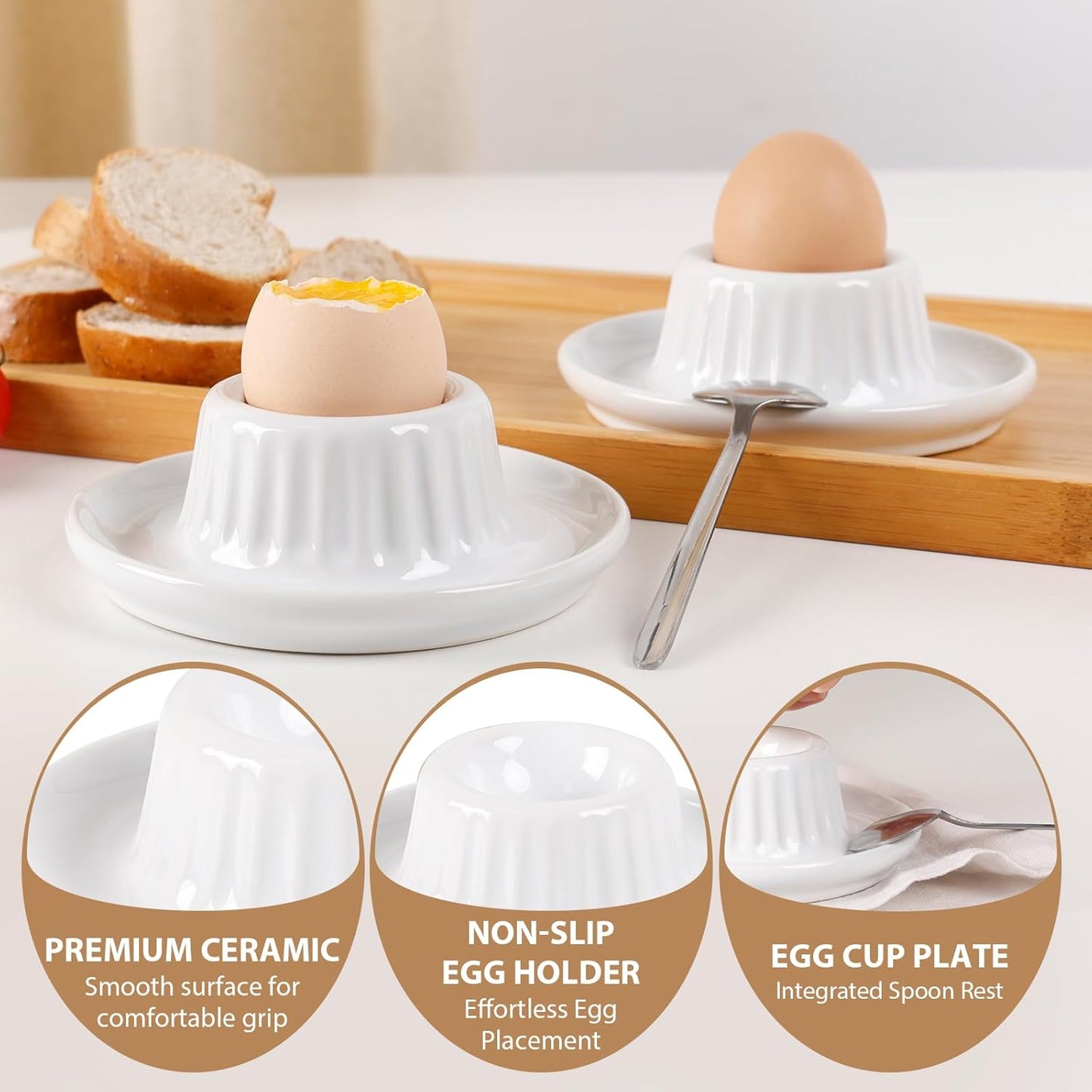 INGOFIN 2 Pcs Ceramic Egg Cups, Soft Boiled Egg Holders Set, Classic Porcelain Stackable, Easy to Clean Tray, Decorative Serving Dish for Breakfast, Easter or Kitchen, White