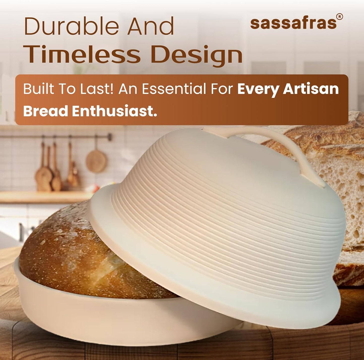 Sassafras Superstone Stoneware La Cloche Bread Baker, Unglazed, Baking Stone for Bread, Capacity 5QT 12”D x7”H with handle, Withstands Temperature 500-2100 Fahrenheit