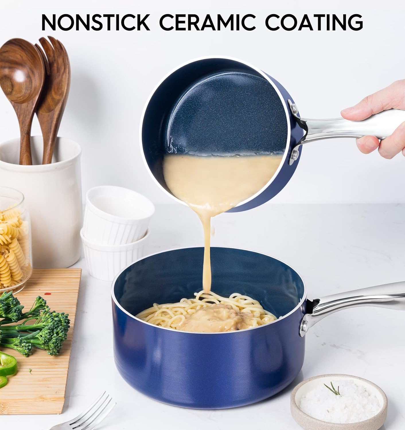 MICHELANGELO Sauce Pan Sets, Ceramic Saucepans with Lids, 1Qt & 2Qt & 3Qt Sauce Pans with Lid, Nonstick Saucepan Set, Small Pot with Stainless Steel Handle, Oven Safe, Blue