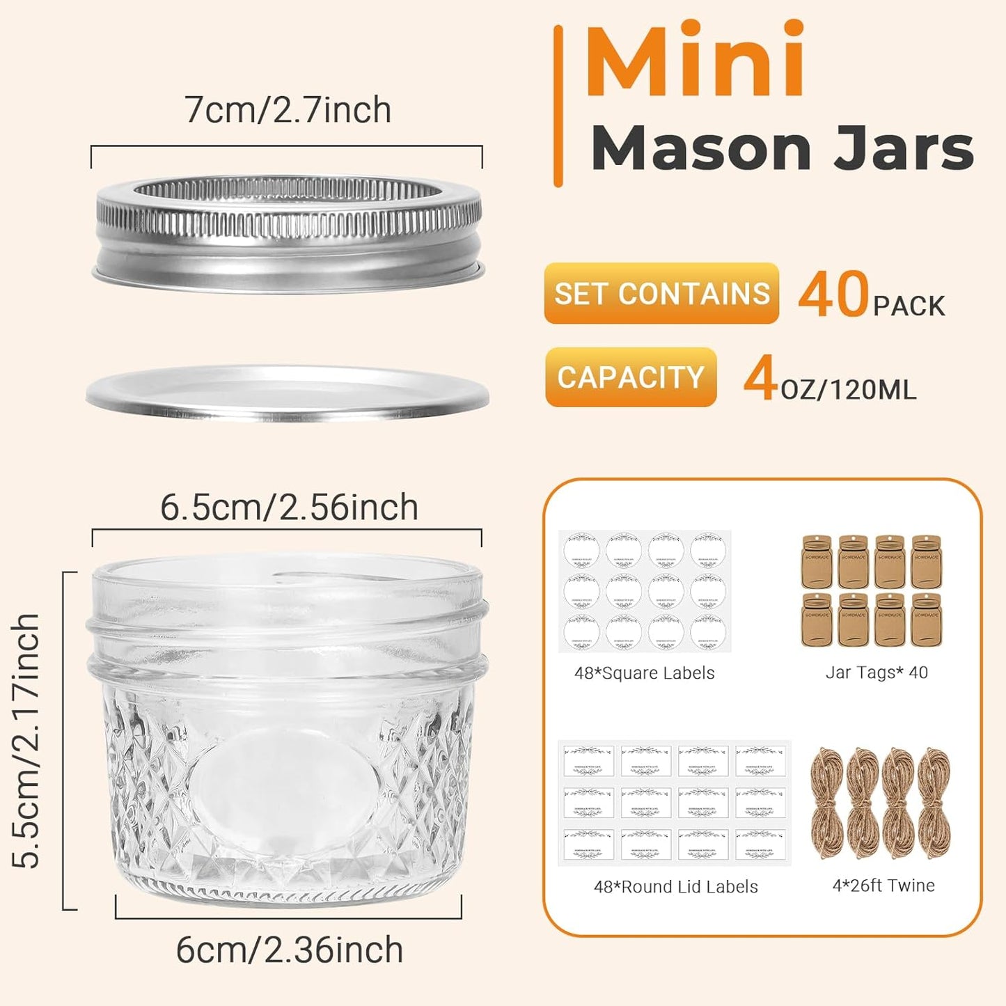 Eathtek 4 oz Mason Jars 40 Pack, 120ml Mini Canning Jars with Regular Lids for Jelly Herbs Spice Honey Storage, Small Glass Jars Candle jars, Extra Tags Label Included
