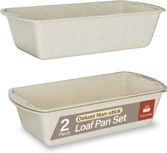 Nonstick Loaf Pan Set Pack of 2, 10.2" & 11" Large Baking Bread Pan, Oven Safe Up to 450°F, PFOA, PFOS, PTFE Free, Space Saving Stackable Design, Stain Resistant, Dishwasher Friendly, White Marble