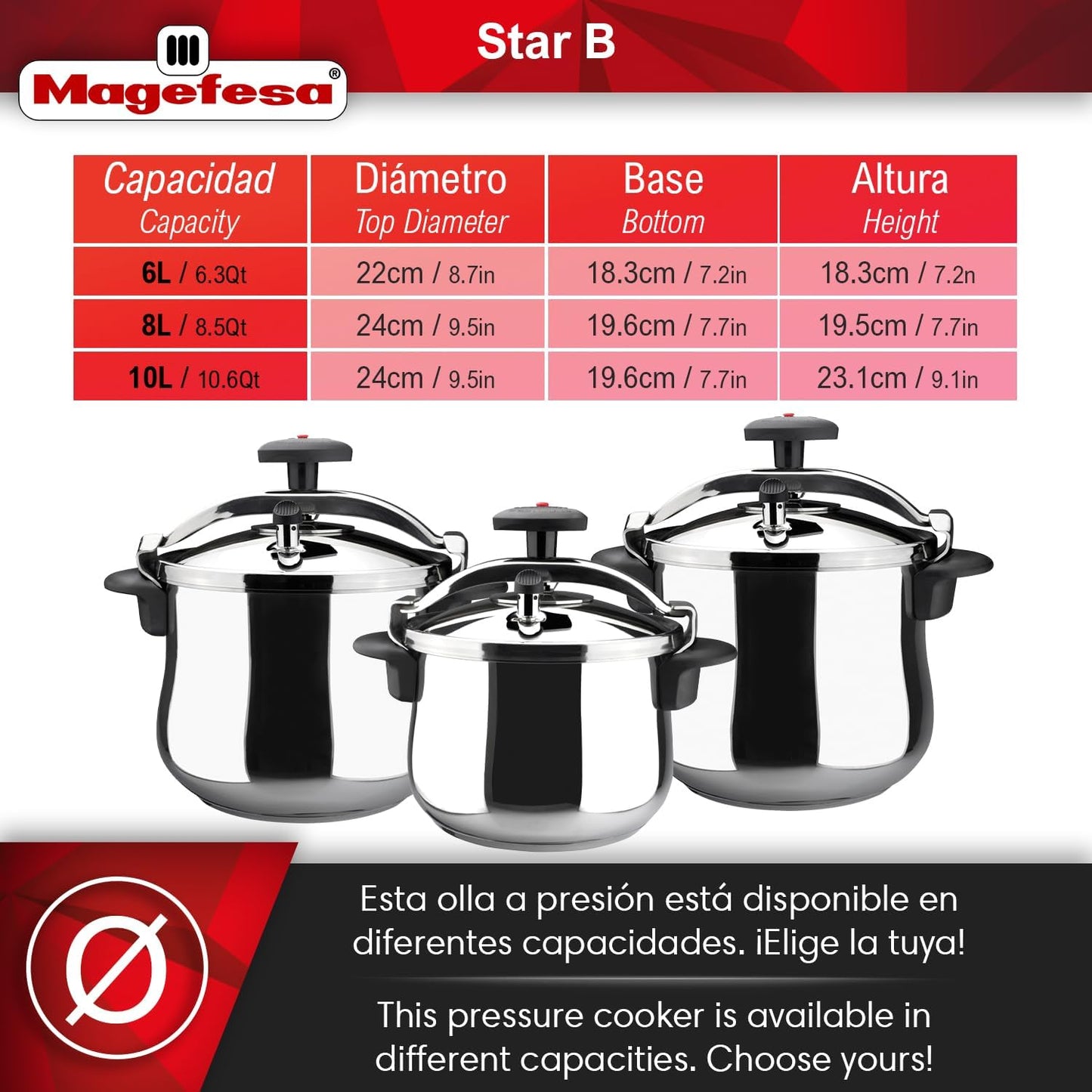 MAGEFESA Star Belly Pressure Cooker 8.4 Qt – 18/10 Stainless Steel, Rounded Bottom, 3 Safety Systems, Works on All Stovetops Including Induction, 8 PSI
