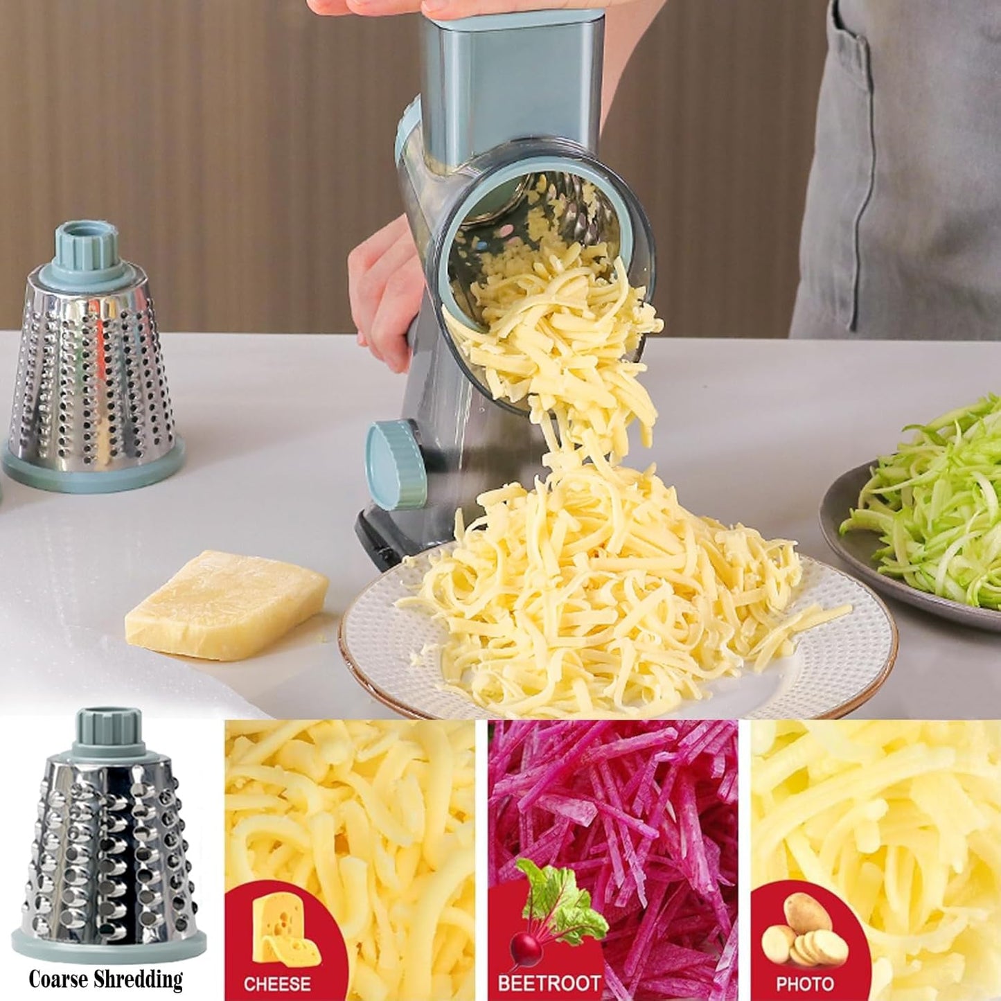 Rotary Cheese Grater Multi-Purpose Stainless Steel Cheese Shredder - Cheese Grater With Handle Effortless Grating of Carrots, Potatoes, Vegetables, and Fruits (blue)