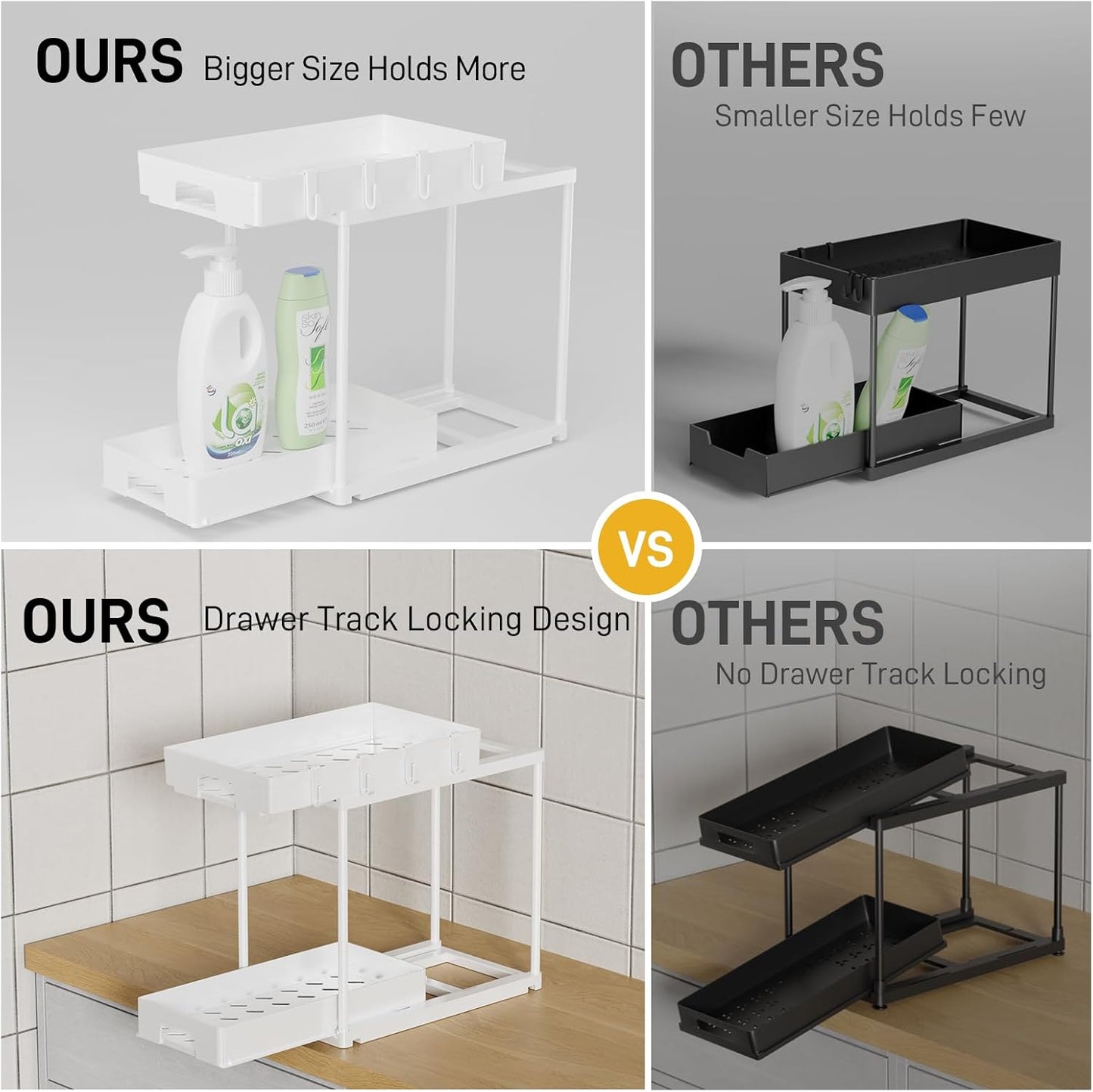 Delamu Under Sink Organizers and Storage, 2 Pack Pull Out Kitchen Bathroom Cabinet Organizer, 2 Tier White Under Sink Storage for Bathroom Kitchen, Under Counter Storage Organizer with 8 Hooks