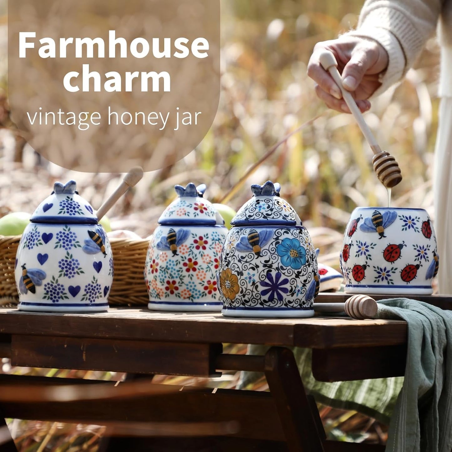 ZOOBEE 10oz Honey Jar with Dipper and Lid Farmhouse Style,Ceramic Honey Dispenser No Drip,Handpainted Honey Pot with Bees,Easily Wash-Spring Delight