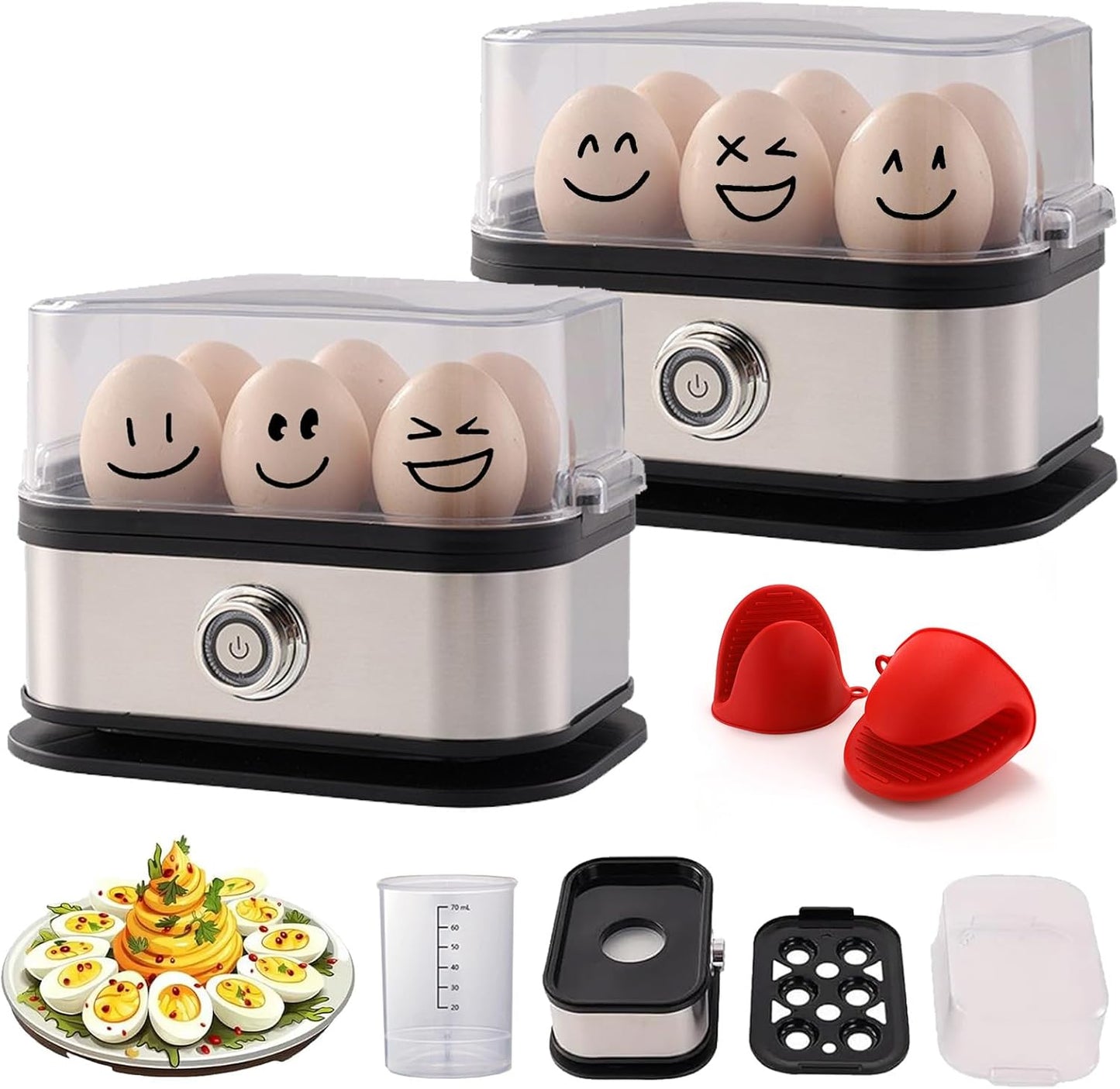 Sunny Side Master Egg Cooker, 2025 New Rapid Egg Cooker 6 Egg Capacity, Soft, Medium, Hard Boiled, Poacher, Stainless Steel Electric Eggs Cooker With Auto Shut-Off, BPA Free (2PCS)