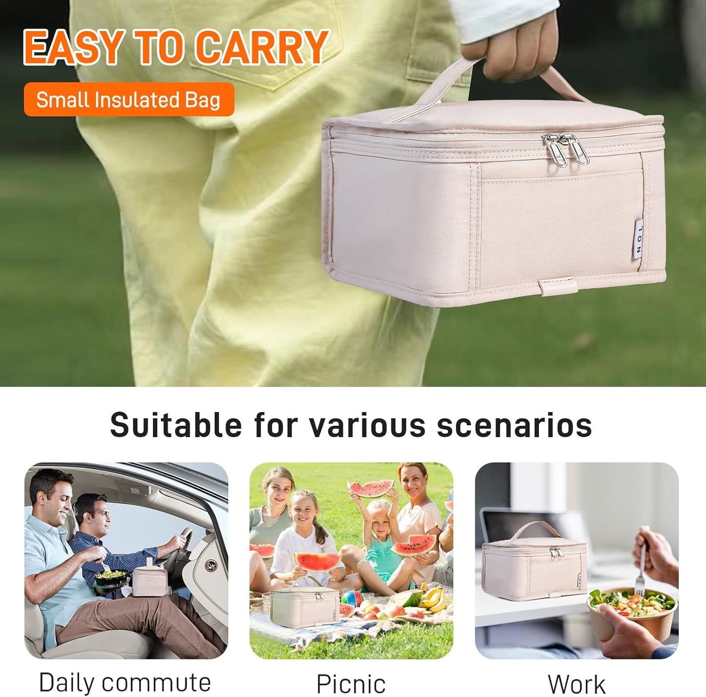 NOL Natural Organic Lifestyle Small Lunch Bag Mini Lunch Box Insulated Lunch Bag for Men/Women Leakproof Cooler Tote Bag Lightweight Nylon Waterproof Lunch Box For Work, Cream