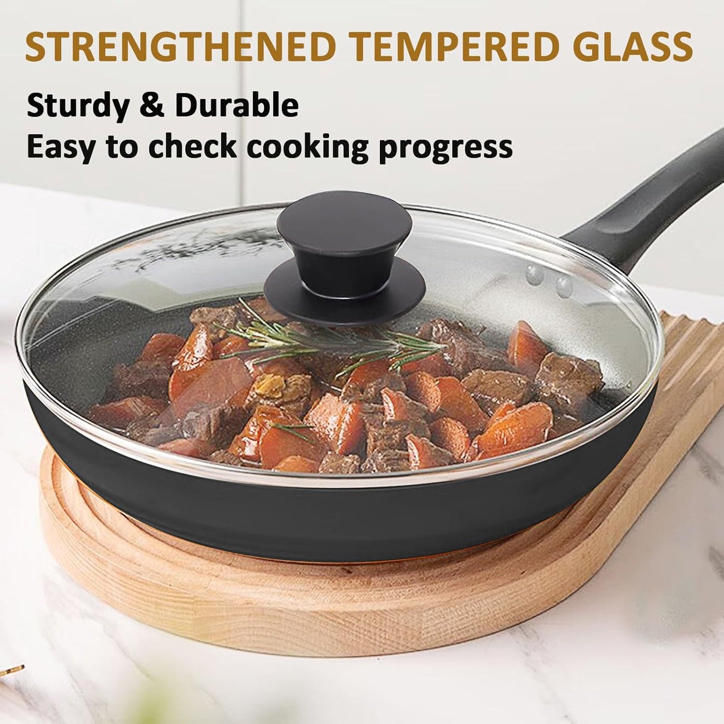 Glass Lid for 9.5 Inch Cast Iron Skillets Frying Pans, 24 cm Tempered Lids for Dutch Ovens, 9.5 In Pan Cover with Stainless Steel Rim for Stock Pots, Heat Resistant Handle, Dishwasher Safe