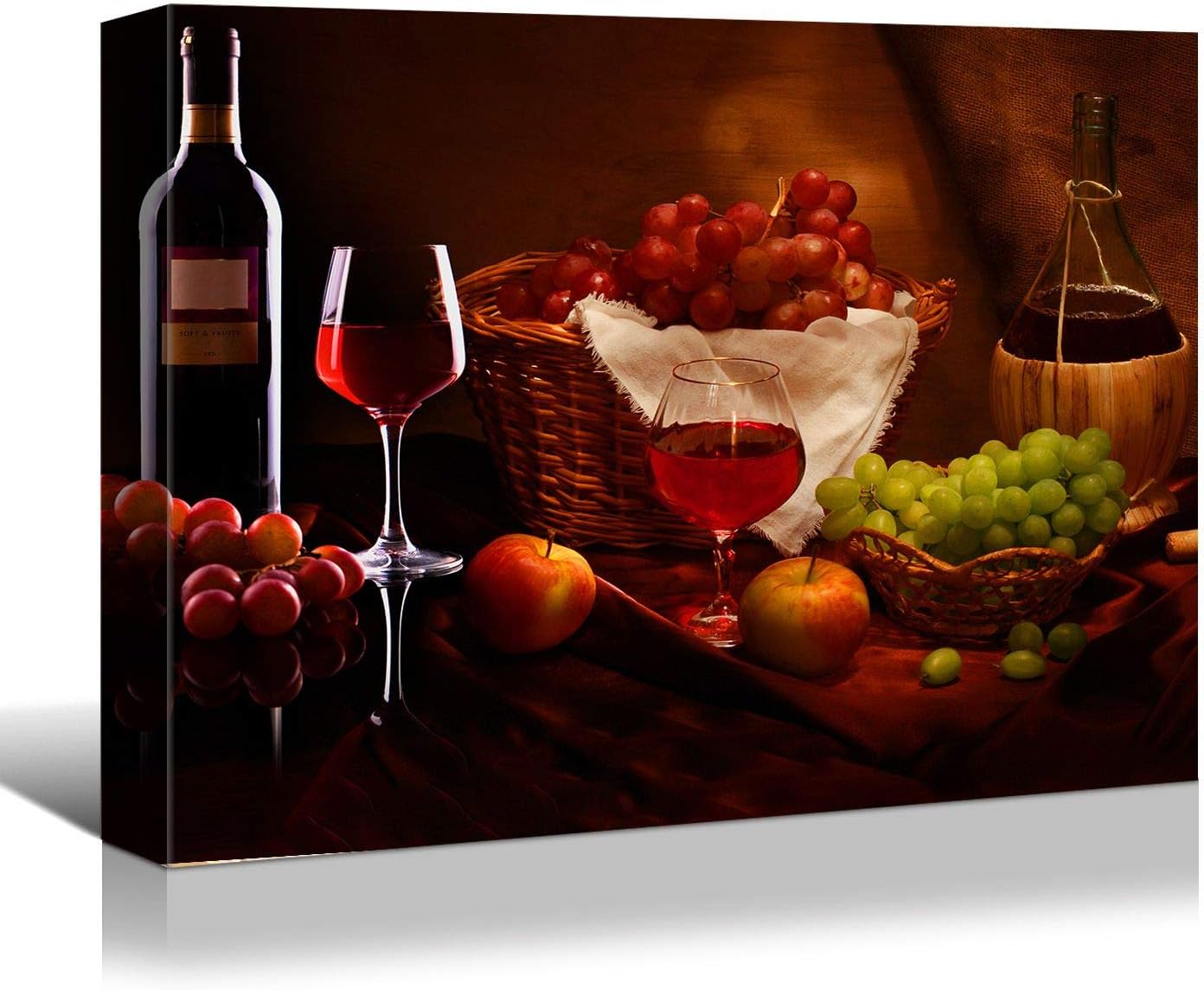 Looife Kitchen Still Life Canvas Wall Art, 24x16 Inch Gallery Wrapped Wine Cup with Grapes Picture Prints Wall Decor, Food Art Deco for Dining Room and Bar