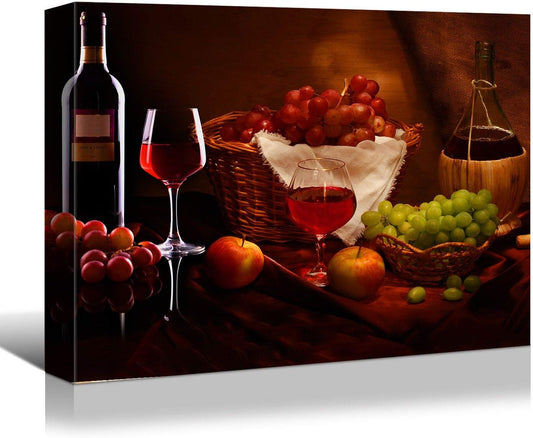 Looife Kitchen Still Life Canvas Wall Art, 30x20 Inch Gallery Wrapped Wine Cup with Grapes Picture Prints Wall Decor, Food Art Deco for Dining Room and Bar