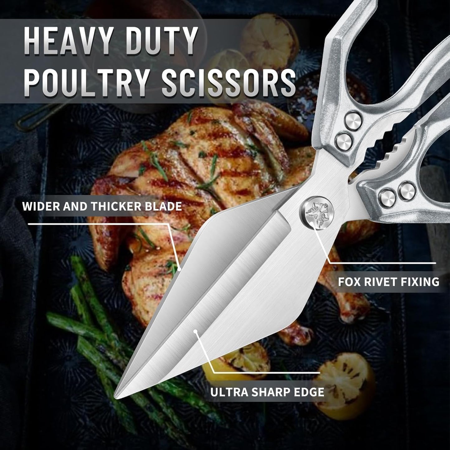 Dream Reach Heavy Duty Poultry Shears Kitchen Scissors Dishwasher Safe with Ergonomic Handle, Japanese High-Carbon Steel Cooking Shears for Chicken, Meat, Seafood, Bone Cutting (Silver)