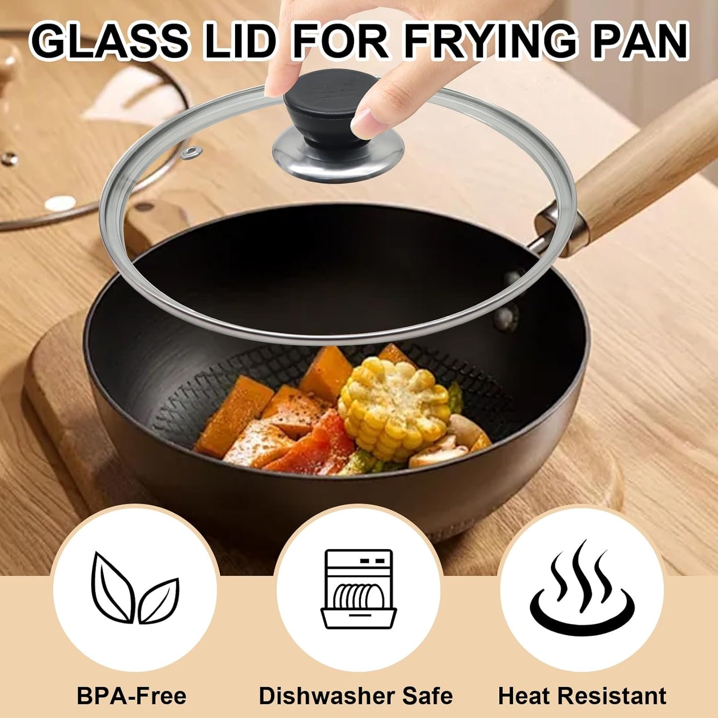 Glass Lid for Frying Pan 8 Inch Tempered Glass Pot Lid Cover with Stainless Steel Rim for 8 Inch Frying Pan Wok Pot Skillet