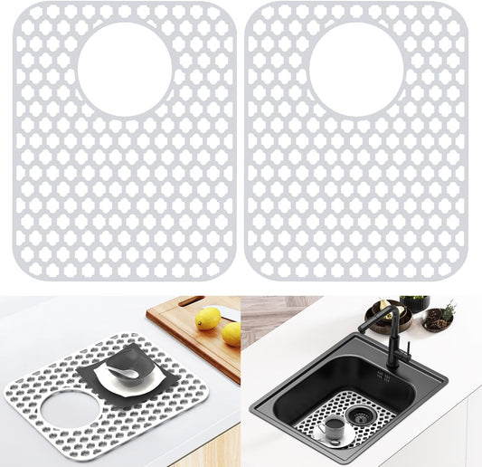 2 Pack Silicone Sink Protector for Kitchen Sink Bathroom, 13.58" x 11.6" Heat-resistant Sink Mat Non-Slip and Durable Silicone Protectors, Rear Drain, White