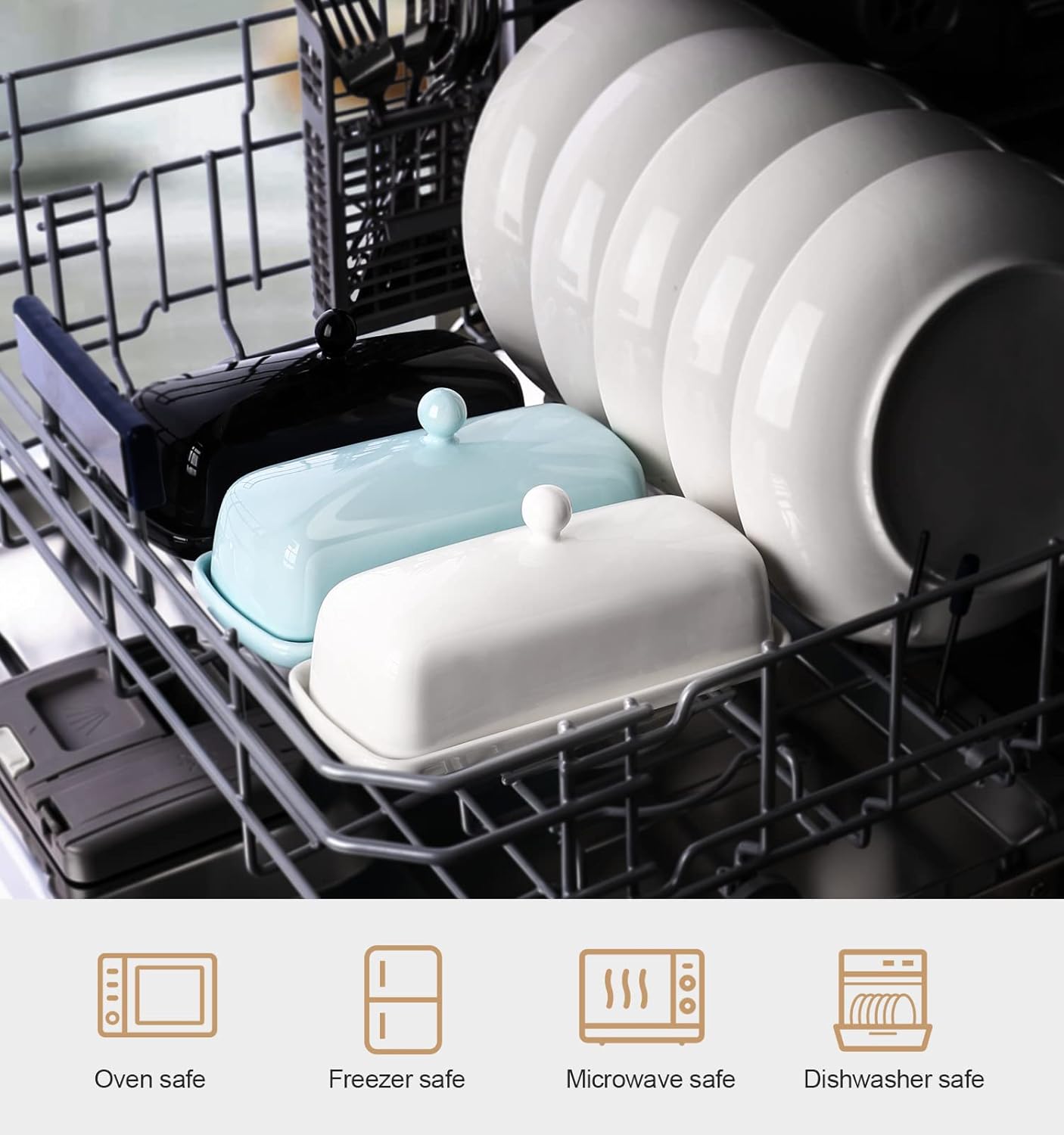 Nucookery Porcelain Butter Dish - Clean Table Design - Ceramic Butter Dishes with Lid for Countertop with Raised Non-Slip Strip - Holds 1 Standard Butter Stick - Easy to Clean & Dishwasher Safe. White