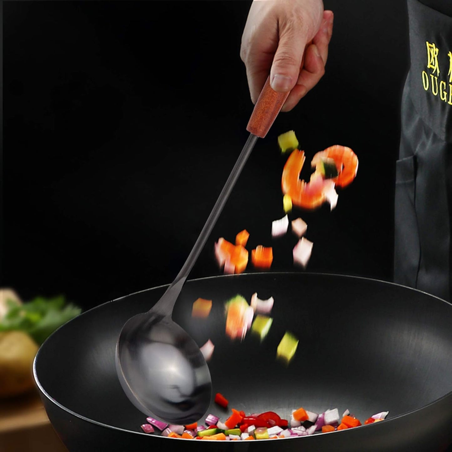 Soup Ladle 14.2 inches Wok Utensils Stainless Steel Soup Ladle Rust Proof Soup Ladle With Ergonomic Wooden Handle Soup Serving Spoon Ladles For Cooking, Gravy, Sauces, and More