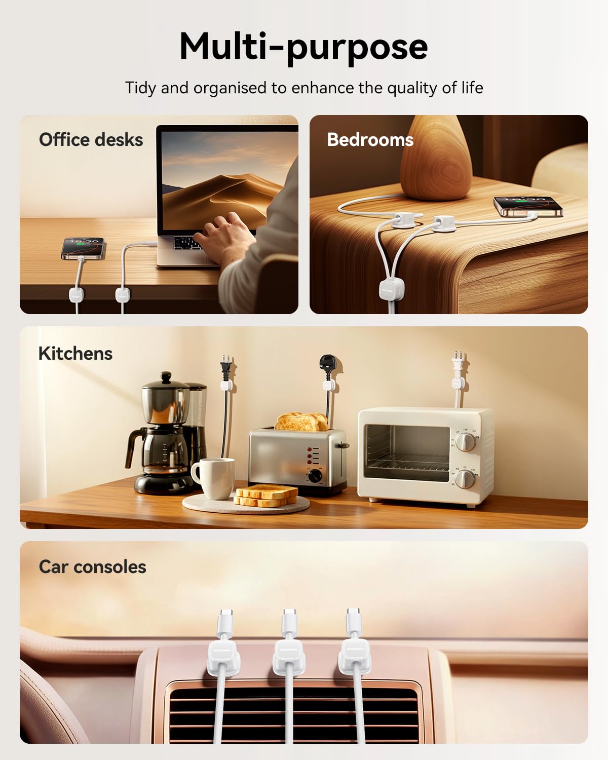 6-Pack Magnetic Cable Clips Cord Organizer-Cable Smooth Adjustable, Rocoren Desk Cable Management Accessories,Cable Holder Clips Wire Holder Keeper for Desktop,Nightstand,Home Office,Workspace,Phone