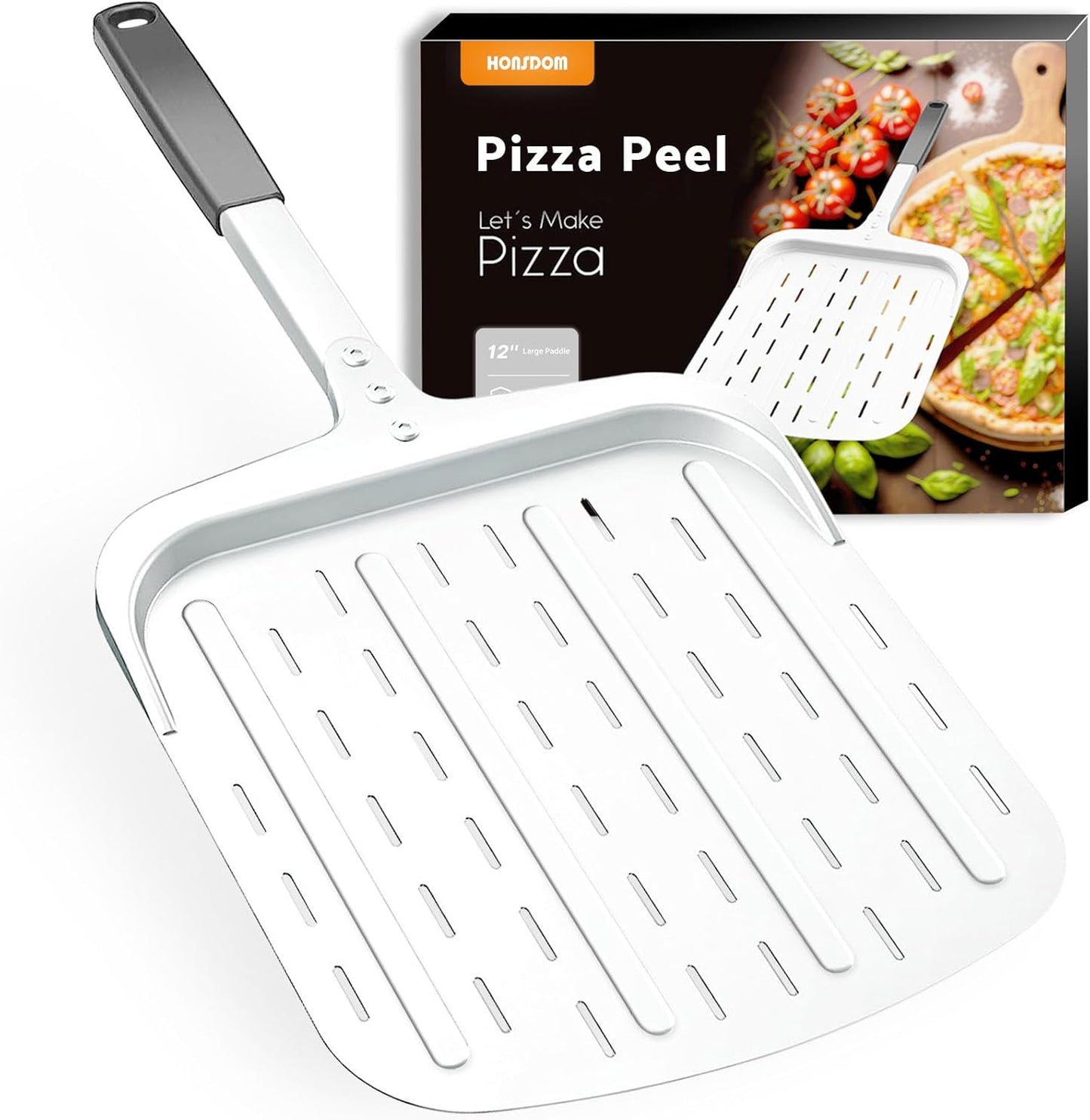 Pizza Peel 12 inch, Perforated Aluminum Pizza Paddle (12'') with Heat-resistant Handle, Nonstick and Lightweight Pizza Spatula, Pizza Oven Accessories